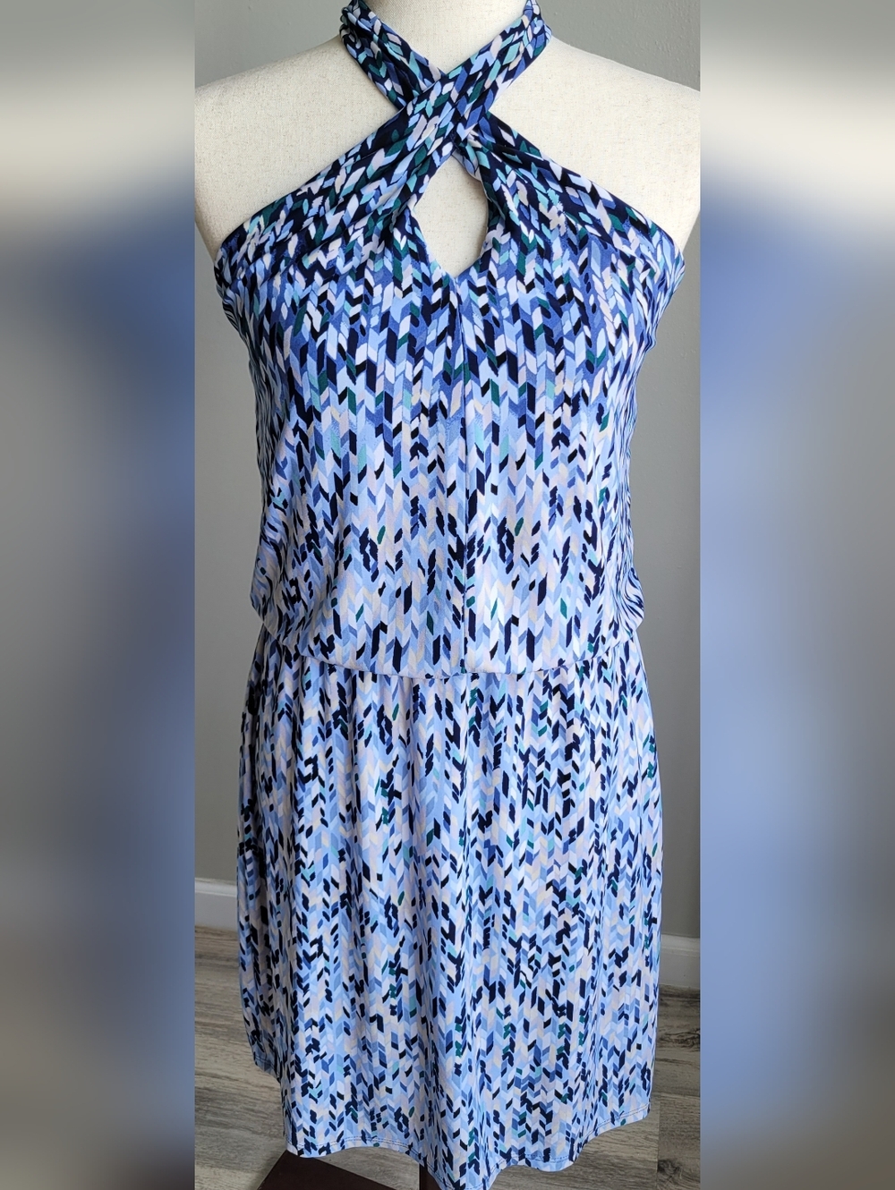 WHBM Halter Dress Blue Abstract Print Stretch Lined Size S Summer Vacation